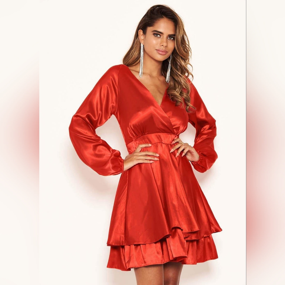 NWT AX Paris Red Satin Long Sleeve Knee Length Dress